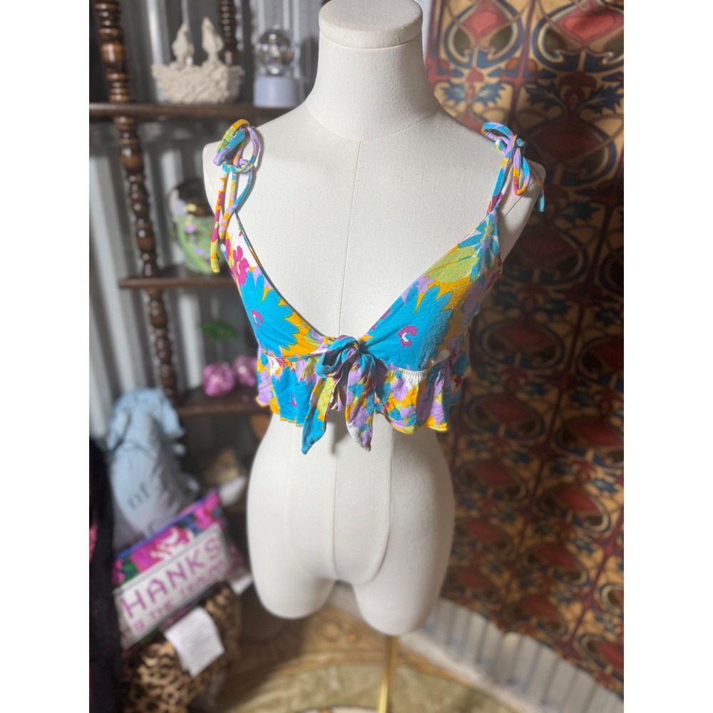 PacCares Floral Print Tie Front‎ Cami Top Women's Medium Blue Yellow Purple